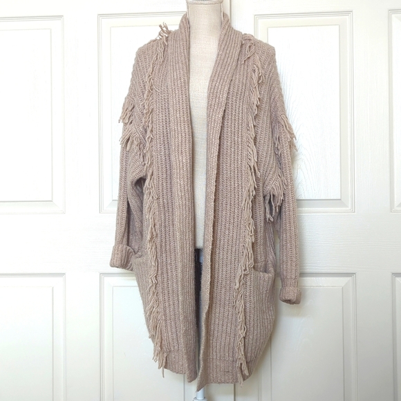 Anthropologie Amanza Fringed Cardigan Sweater Taupe - Picture 2 of 8